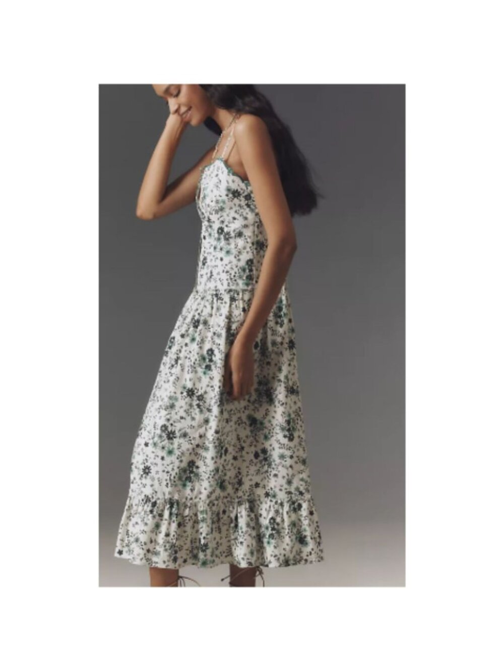 NWT Anthropologie Linen Cotton Drop Waist Midi Floral Adjustable Strap Dress - Picture 2 of 12